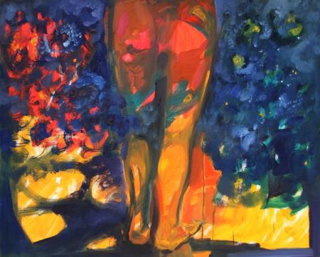 Obraz olejny przedstawiający człowieka w  błękitach, żółciach, czerwieniach.