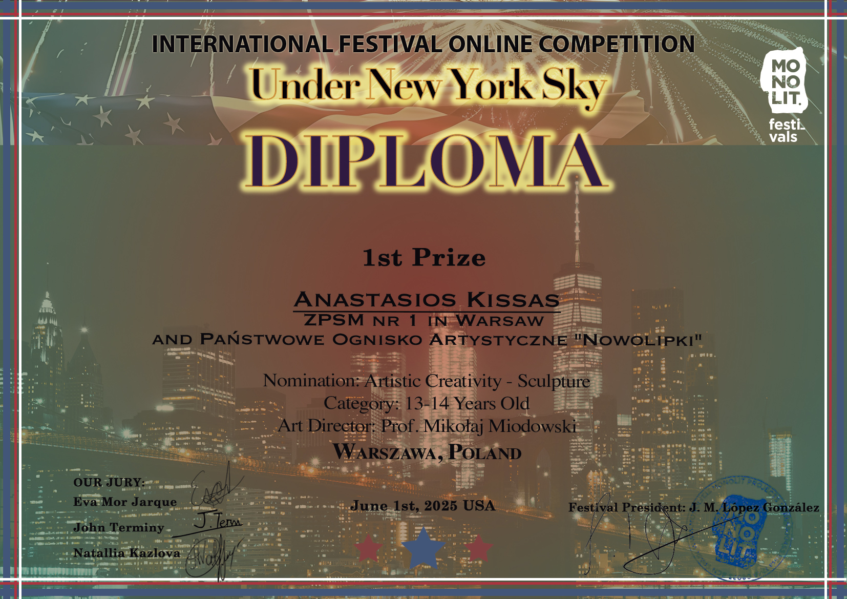 WelcomeToNewYork-Diploma-1st-Anastasios-Kissas