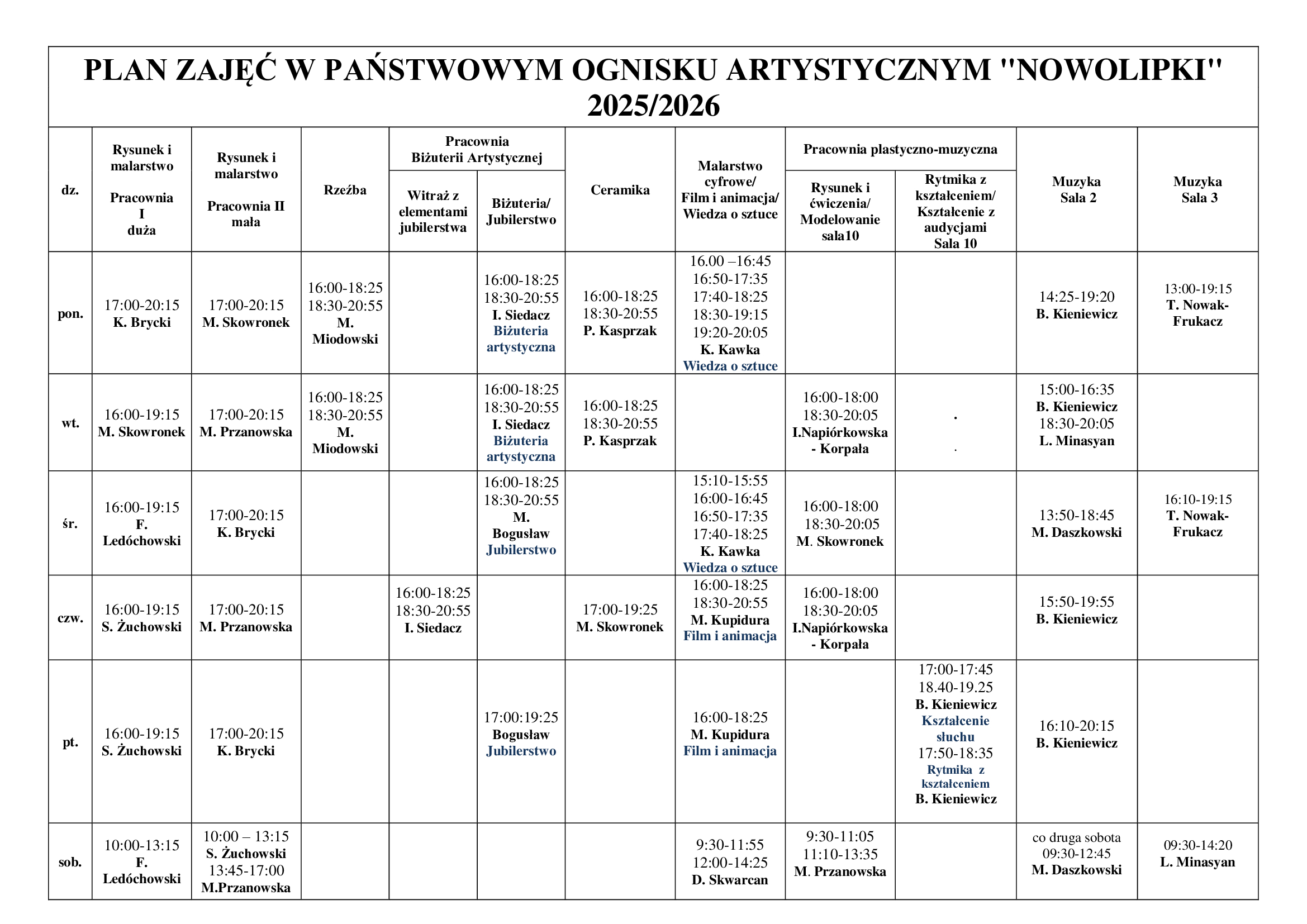 aktualny plan zajęć - tabela z nazwiskami
